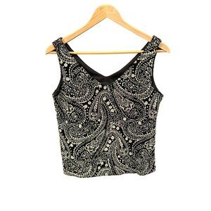 Y2K Vintage Xscape Black White Paisley Print V Neck Blouse Medium 1990s Fairy